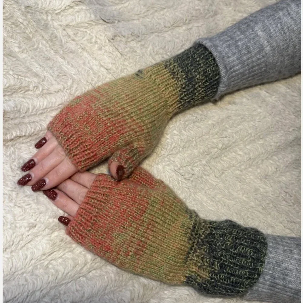 Handmade Women's Wool Blend Watermelon Multi Knit Fingerless Soft Mittens Gloves